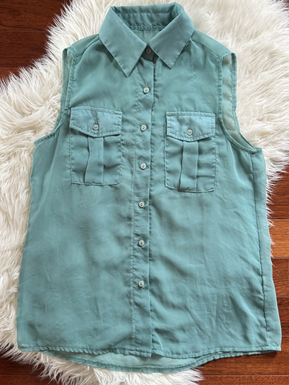 VINTAGE sheer green-blue sleeveless button up collared top with chest pockets